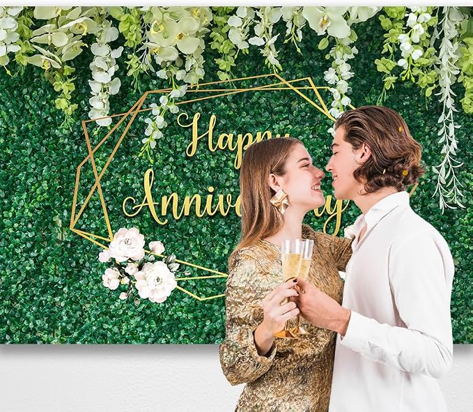 Green Leaves Wall Happy Anniversary Backdrop Banner 8×6Ft | Couple Wedding - Image 2