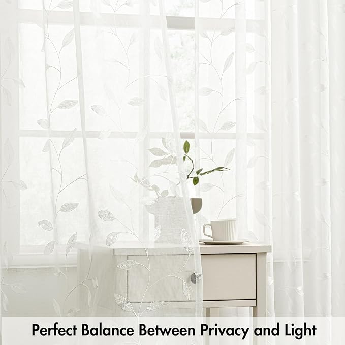 MIULEE Ivory Sheer Curtains 2 Panels Embroidered Leaf Patterned, W52 x L84 | - Image 5