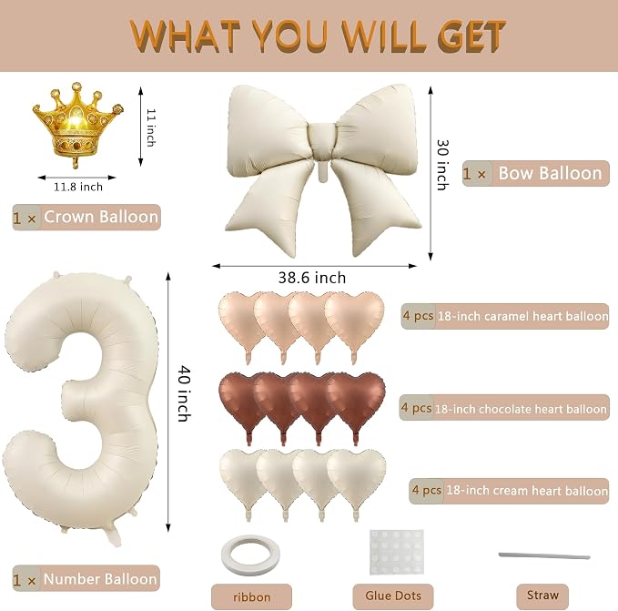 3rd Birthday Decorations for Girl Boy, Cream Number 3 Balloon - Image 2