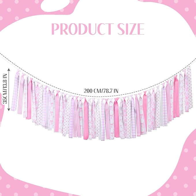 Moukeren Pink Bow Fabric Tassel Garland Coquette Bows Fabric Banner Cotton - Image 2