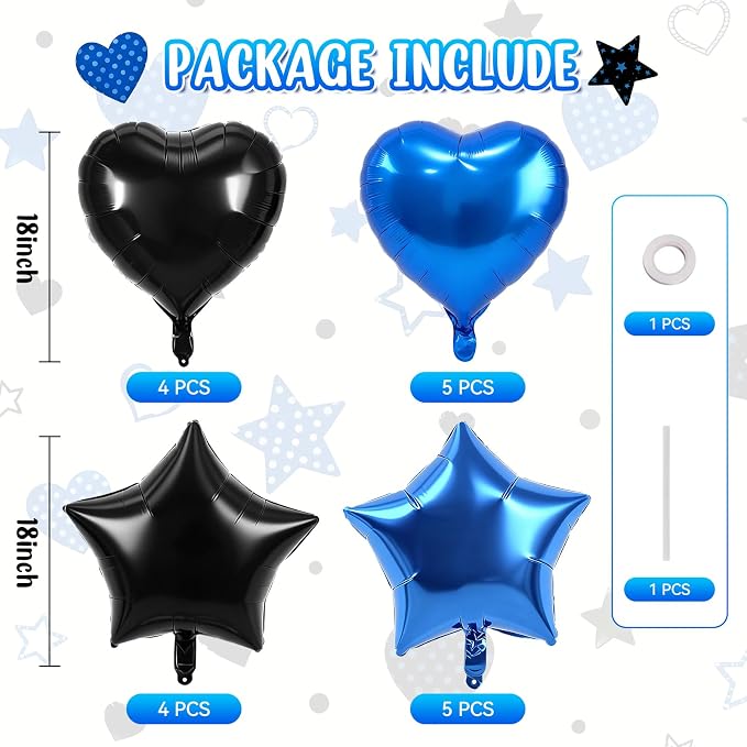 TONIFUL 18 Inch Black Blue Star and Heart Foil Balloons - Image 2