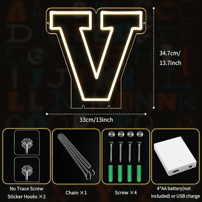 Light Up Letters V, Led Marquee Letter Lights Neon Sign, 13.7" Height Decorative Lighted Alphabet Number, Battery/USB Powered Led Letters Lights for Wedding, Birthday, Party, Christmas or Home Decor