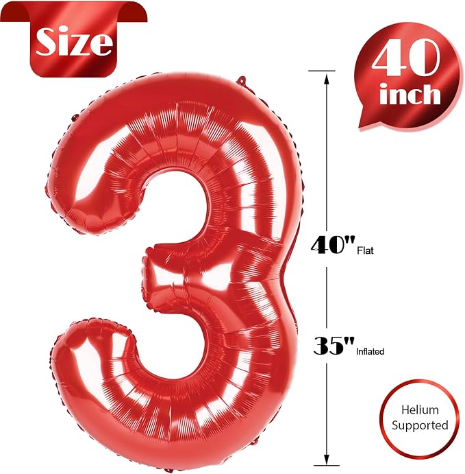Red Number 3 Balloon 40 Inch, 3rd Birthday Party Decorations Men Women | Foil - Image 5