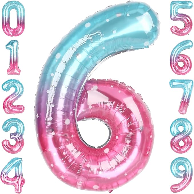 40 Inch Pink Blue Number 6 Balloon, Large Gradient Pink Blue Mylar Foil Number by Unknown