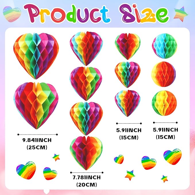 BOARDFEB 12 Pcs Rainbow Heart Round Paper Honeycomb Balls Pride Decorations | - Image 6