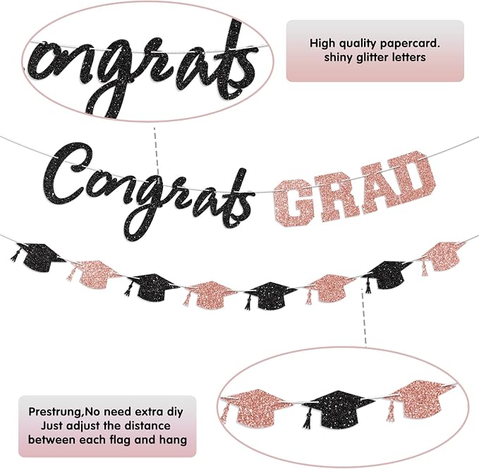 Prestrung Congrats Grad Banner Rose Gold and Black Graduation Banner - Image 3