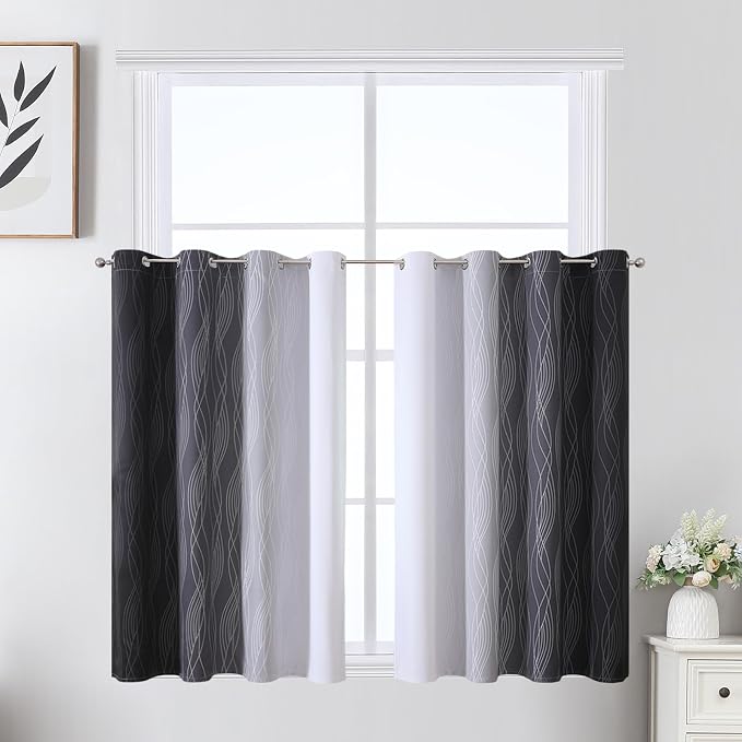 Black and Greyish White Ombre Short Blackout Kitchen Curtains 36 Inch Long by ESTELARTEXTILER
