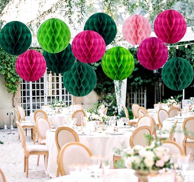Hot Pink and Green Paper Honeycomb Balls, 6 and 10 inch Hanging Tissue Pompoms - Image 5