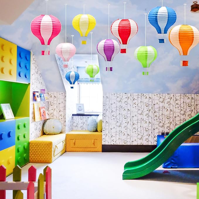 8 Pcs Striped Hot Air Balloon Paper Lanterns, 12 in Hanging Ceiling Decor | - Image 5