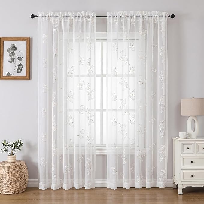 Beige Sheer Curtains Leaf Embroidered 84 Inches Long 2 Panels | Light Filtering - Image 2