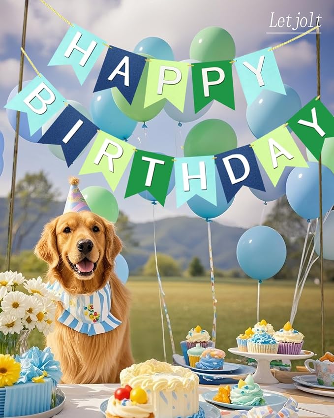 Letjolt Happy Birthday Banner Blue Green Handmade Garland 13pcs | Pre-Strung - Image 5