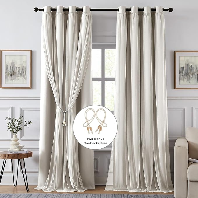 100% Blackout Curtains for Bedroom, Double Layer Beige Curtains, Room Darkening - Image 2
