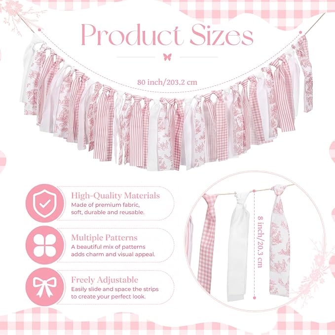 Fanfanwin Pink Floral Tassel Garland Farmhouse Fabric Hanging Banner 80 Inches - Image 2