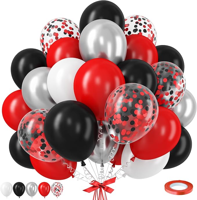 Black Red Balloons, 12 Inch Black Red White and Silver Latex Balloons by TAOYE
