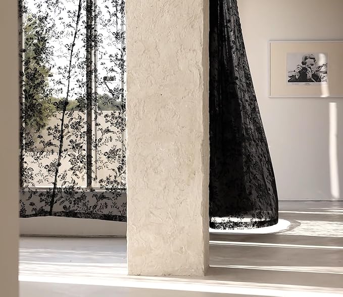 Treatmentex Black Floral Lace Curtains 63" Length - Image 6