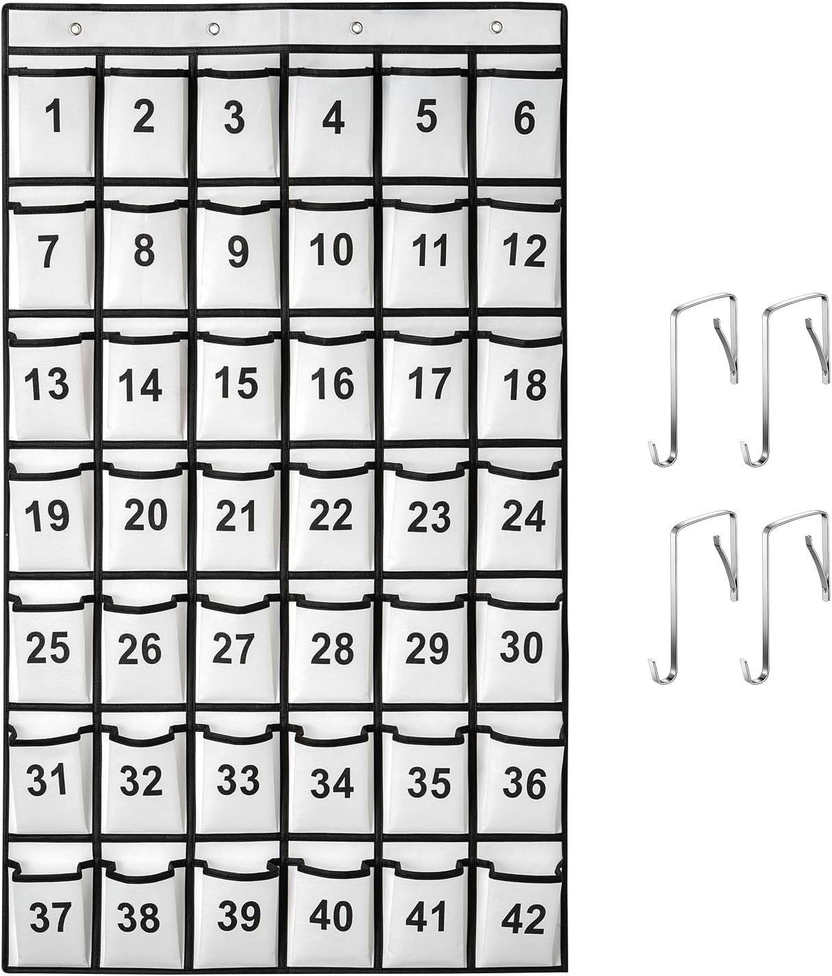 42 Pockets Numbered Classroom Pocket Chart for Cell Phones, Hanging Pocket Chart Storage for Classroom Phone Calculator Holder with 4 Hooks and 42 Clear Numbers Printing (White-42pockets)