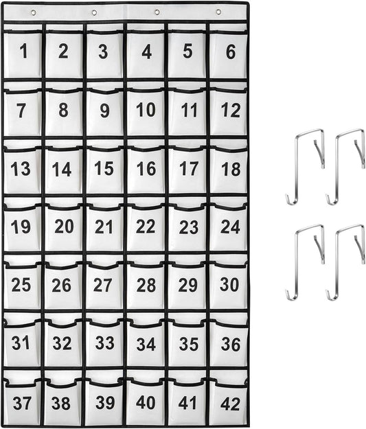 42 Pockets Numbered Classroom Pocket Chart for Cell Phones, Hanging Pocket Chart Storage for Classroom Phone Calculator Holder with 4 Hooks and 42 Clear Numbers Printing (White-42pockets)
