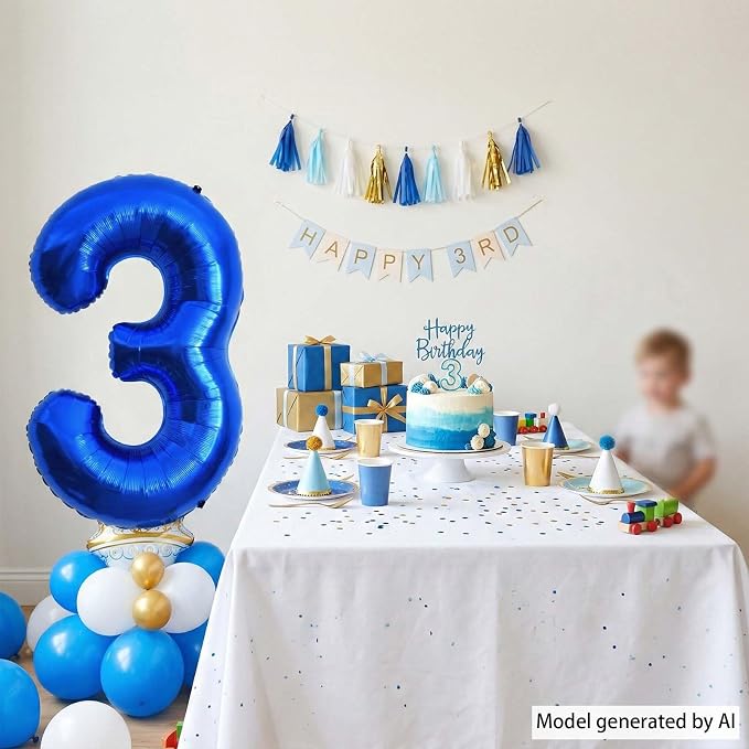 Navy Blue Number 3 Balloon 40 Inch, Metallic Foil Numeral Celebration Decor | - Image 3