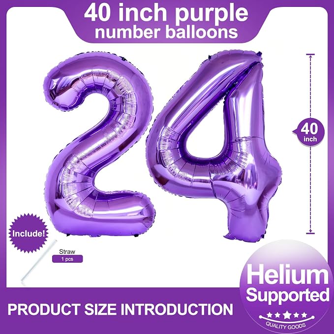 Number 24 Purple Balloons 40 Inch Giant Purple 24 Number Foil Helium Balloons - Image 2