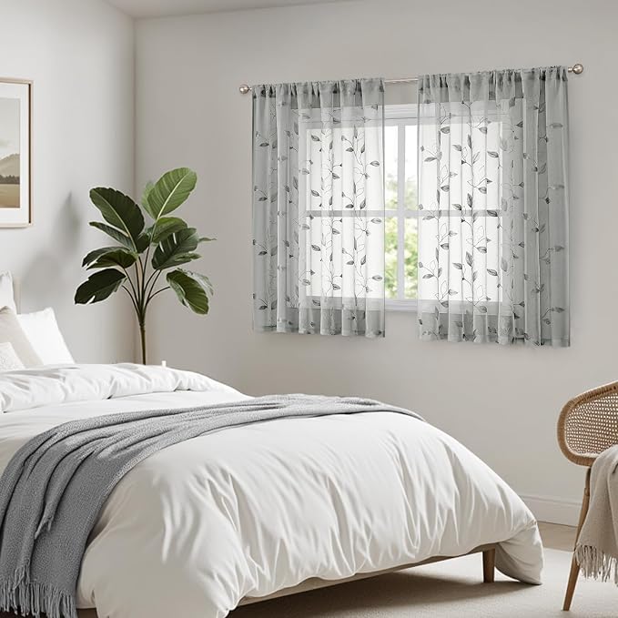 HOMEIDEAS Grey/Gray Sheer Kitchen Curtains 52 x 45 Inch Length 2 Panels - Image 7