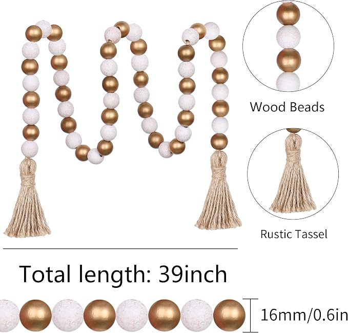 Meplait Wood Bead Garland, 39in Decorative Tassels Garland, Rustic Farmhouse - Image 6