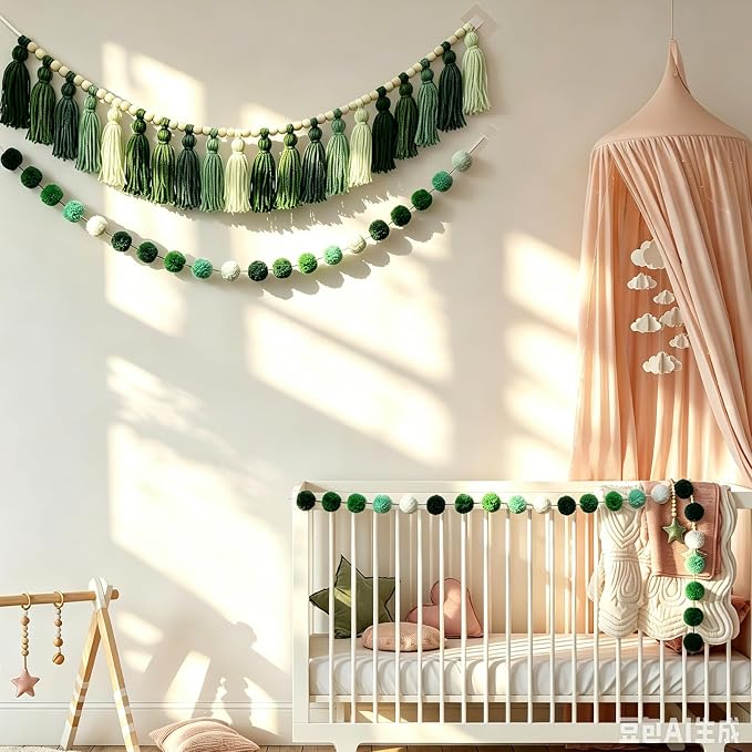 Hahafelt 3 Pcs Sage Green Tassel Garland, Pom Pom Tassel Garland, Boho Fabric - Image 6
