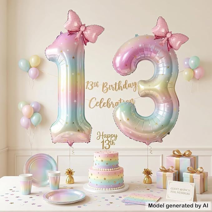 40" Giant Pastel Rainbow Number 13 Balloon Foil Pink Bow Decor Kit | - Image 4