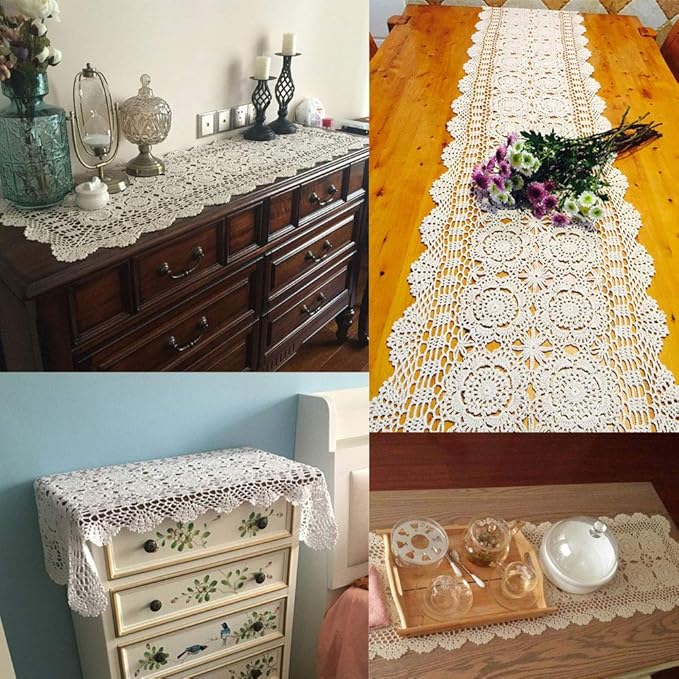 KEPSWET Cotton Handmade Crochet Lace Table Runner Wine Red Rectangle Coffee Table Dresser Decor (14x60 inch)