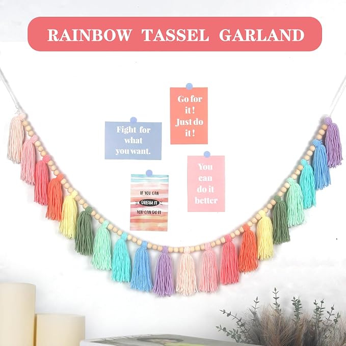 Rainbow Pastel Yarn Wood Bead Tassel Garland Wall Hanging Decor Boho Preppy - Image 6
