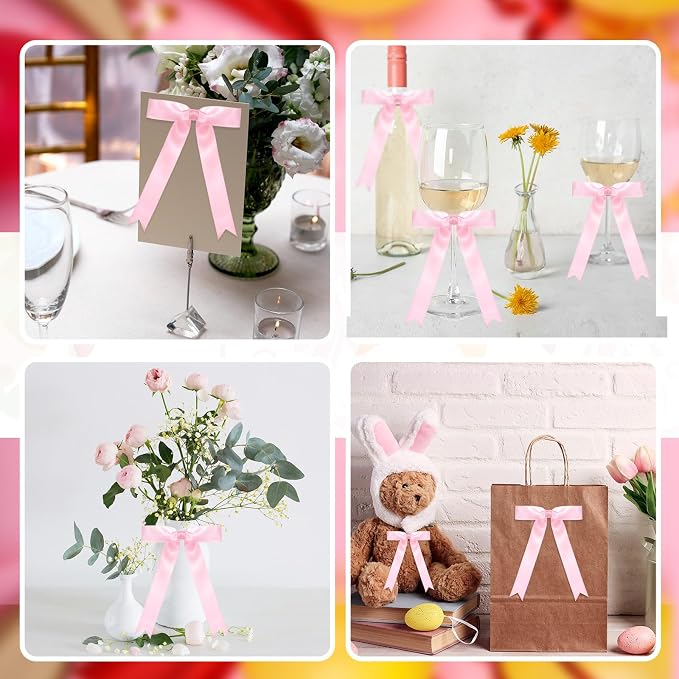 Riceshoot Pink 24 Pcs Satin Ribbon Bows 5x7'' Self Adhesive Stick on Premade - Image 6