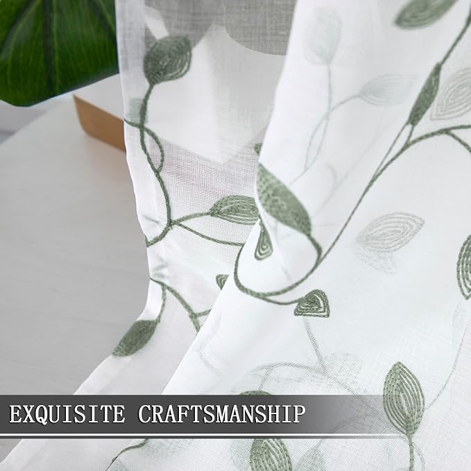 Tollpiz Leaves Short Sheer Tier Curtains Sage Green Leaf Embroidery Kitchen - Image 6