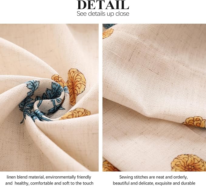 Designer Vintage Linen Printed Curtain, 2 Panels, Pale Yellow Floral Pattern - Image 7