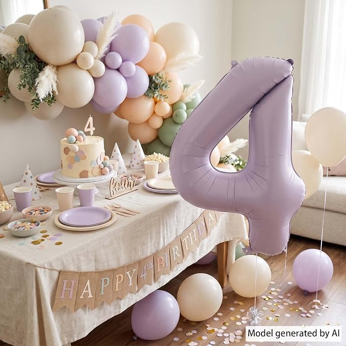 Cream Purple Number 4 Balloon 40 Inch, Foil Numeral - Image 3