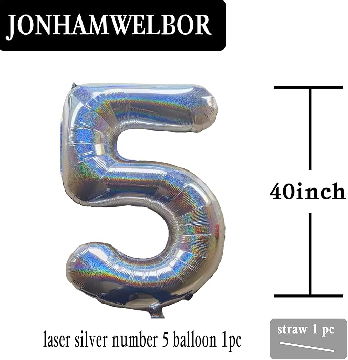 Jonhamwelbor 40 Inch Laser Silver Number 5 Balloon Foil Mylar | Giant Balloon - Image 2