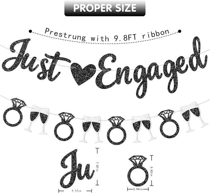 Black Just Engaged Banner Prestrung Engagement Party Decorations Happy - Image 4