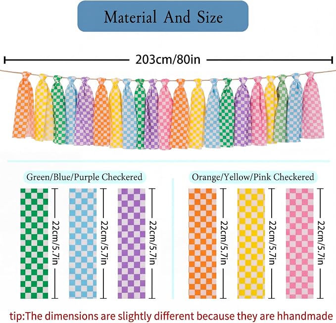 Fanfanwin 2 Pcs 6.7 ft Rainbow Checkerboard Tassel Garland, Colorful Fabric - Image 2