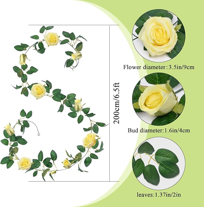 U'Artlines 3 Pack Artificial Yellow Rose Vines Floral Garlands Total 19.5 Ft Fake Vine Silk Flower Garland for Indoor Outdoor Home Wedding Arch Garden Wall Decoration