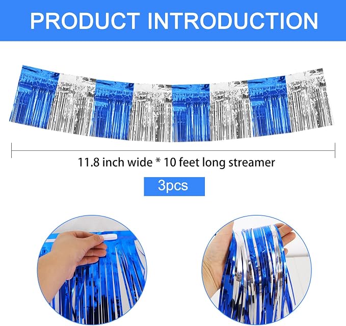 BEISHIDA Blue Silver Fringe Garland Banner 30ft Wall Tinsel Foil Streamers | - Image 2
