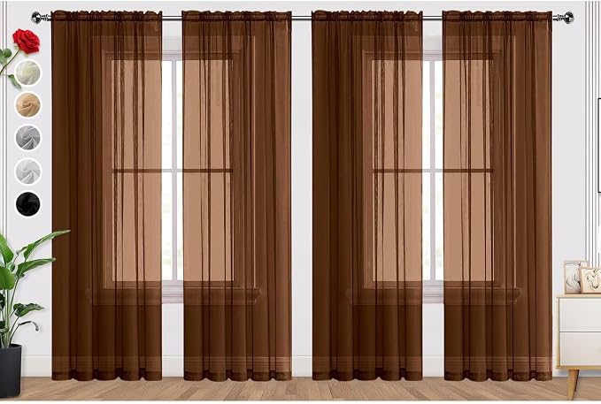 SpaceDresser Brown Sheer Curtains 4 Panels Rod Pocket Semi-Sheer Curtain 45 by SpaceDresser