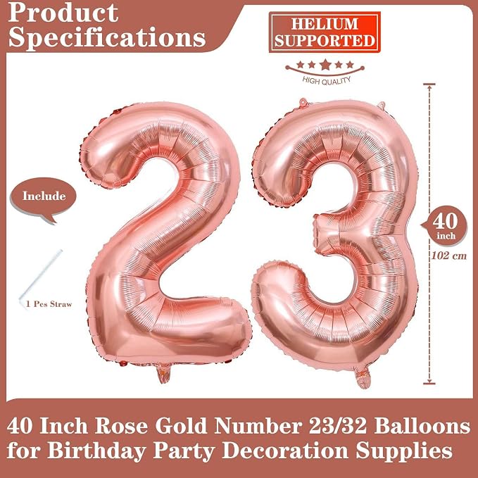Rose Gold 23 Number Balloons, 40 Inch Giant Number 23 Balloons Foil Mylar - Image 2