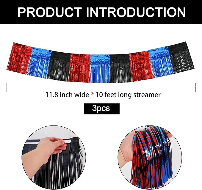 BEISHIDA Red Blue Black Fringe Garland Banner Wall Tinsel Foil Streamers | 3Pack - Image 2