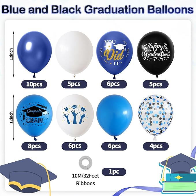 Blue Black White Graduation Balloons, 12 Inch Dark Navy Blue Black Confetti - Image 2