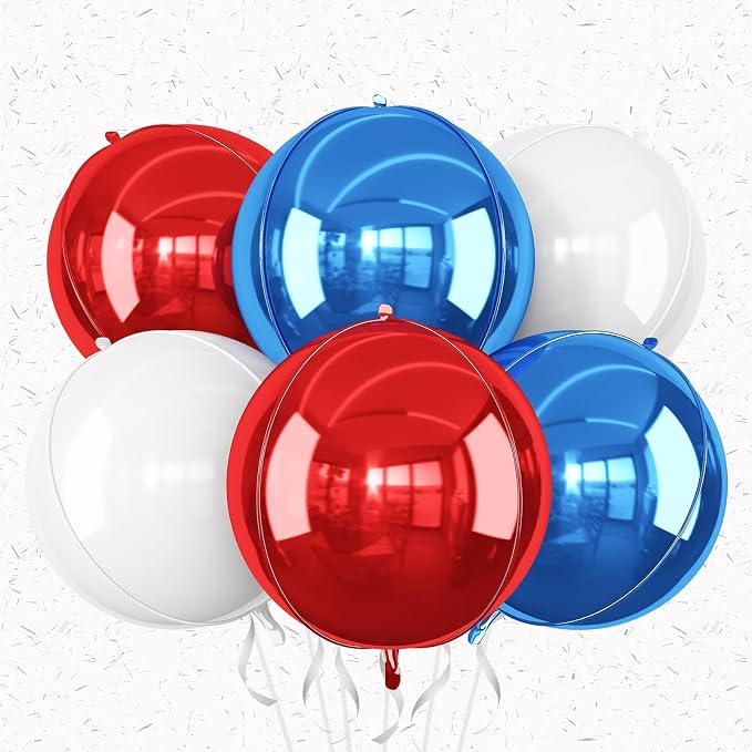 6Pcs Red Blue White Round Foil Balloons, Giant 4D Round Ball Balloons, 22 Inch by Adorely