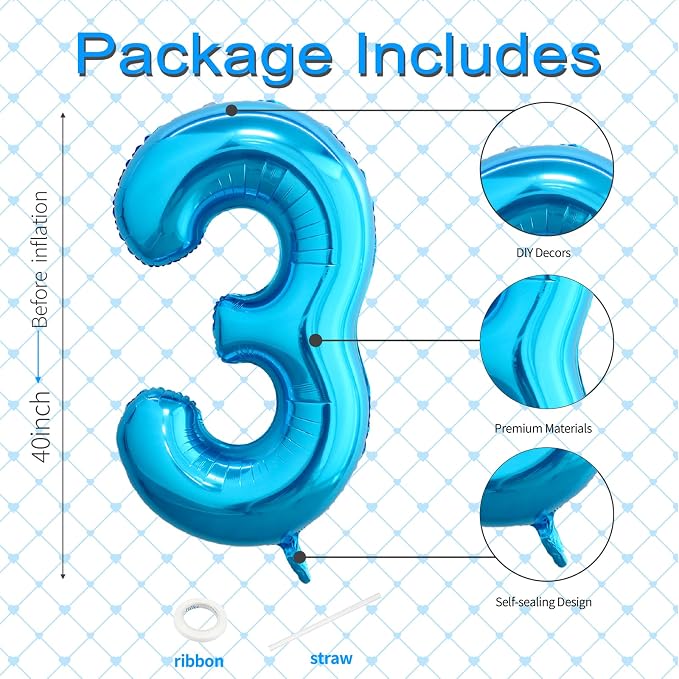 40 Inch Blue Number 3 Balloon, Giant Number Balloons, Birthday Decorations | - Image 3