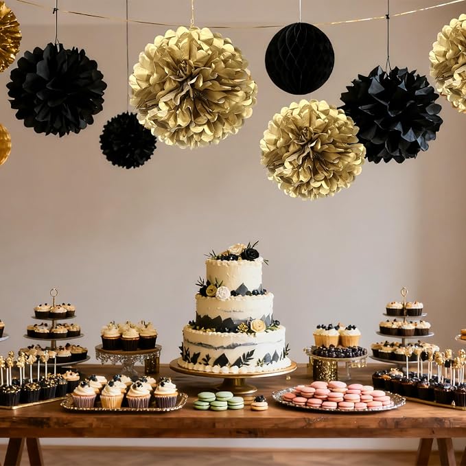 Black Gold Paper Pom Poms for Wedding Birthday Black Gold Party Decoration - Image 3