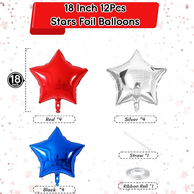 Blue Red Star Balloons, 18 Inch 12Pcs Navy Blue Red and Metallic Silver Stars - Image 2