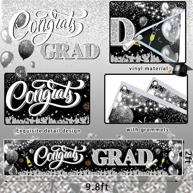 2026 Graduation Decorations-Black and Silver Congrats Grad Yard Sign Banner - Image 4
