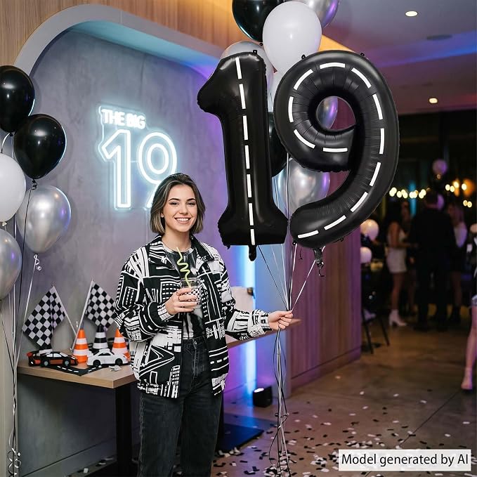 Black and White Stripes Number 19 Balloon 40 Inch, Foil Track Digit | Fast - Image 7