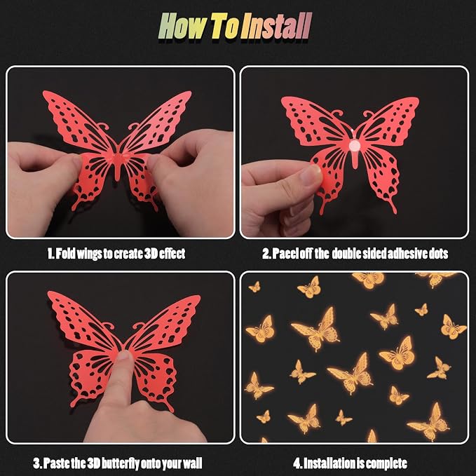 SAOROPEB Glow in The Dark 3D Butterfly 24 Pcs Orange Butterfly Stickers | 3 - Image 8