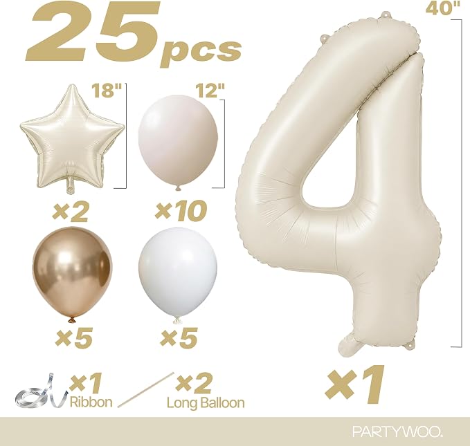 PartyWoo Number Balloons 40 Inch White Number 4 Kit 25pcs - Image 2